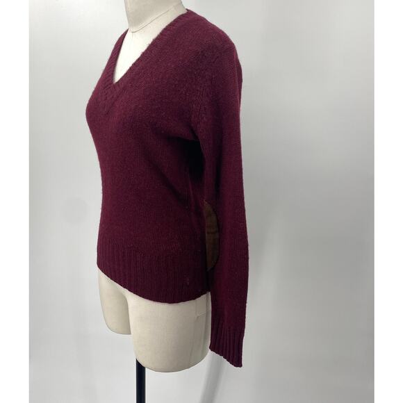 Vintage 60s Hudsons Detroit Sweater Shetland Wool V Neck Elbow Patches Burgundy - Picture 6 of 13